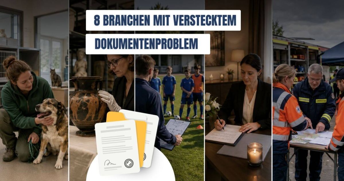 Das Bild zeigt 8 unerwartete Branchen in denen ein DMS sinnvoll werden kann, nebeneinander angereiht. 